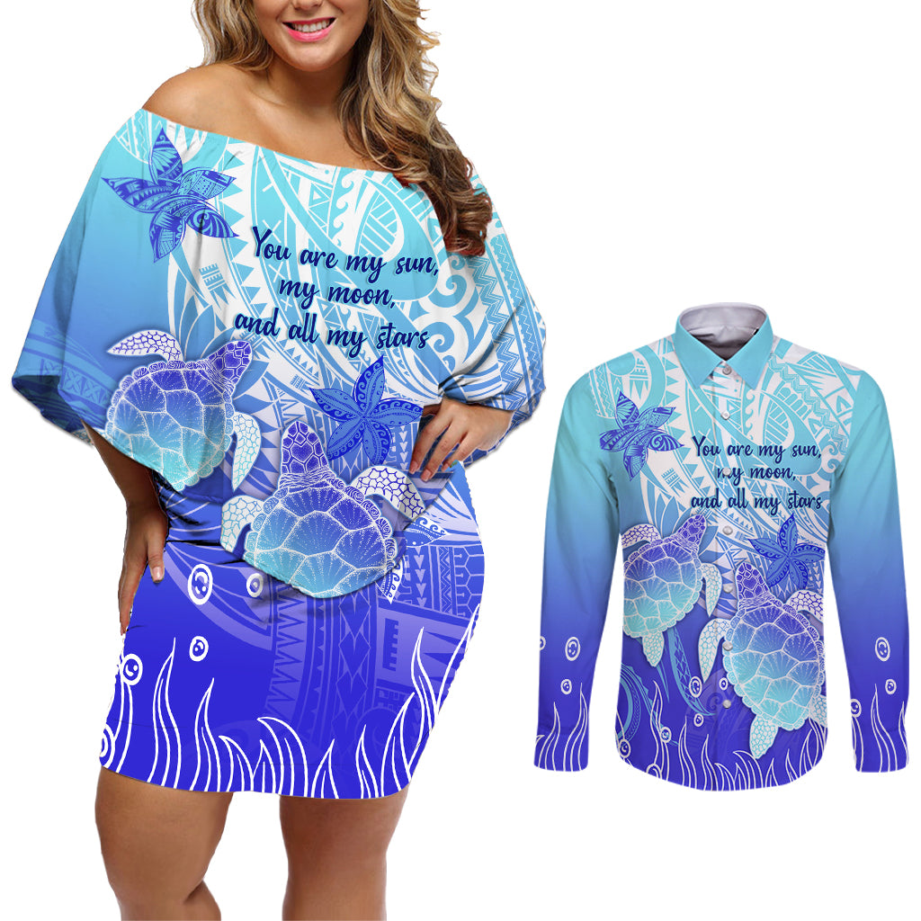 Polynesia Valentine Day Couples Matching Off Shoulder Short Dress and Long Sleeve Button Shirt Polynesian Sea Turtle Turquoise Version LT14 Turquoise - Polynesian Pride