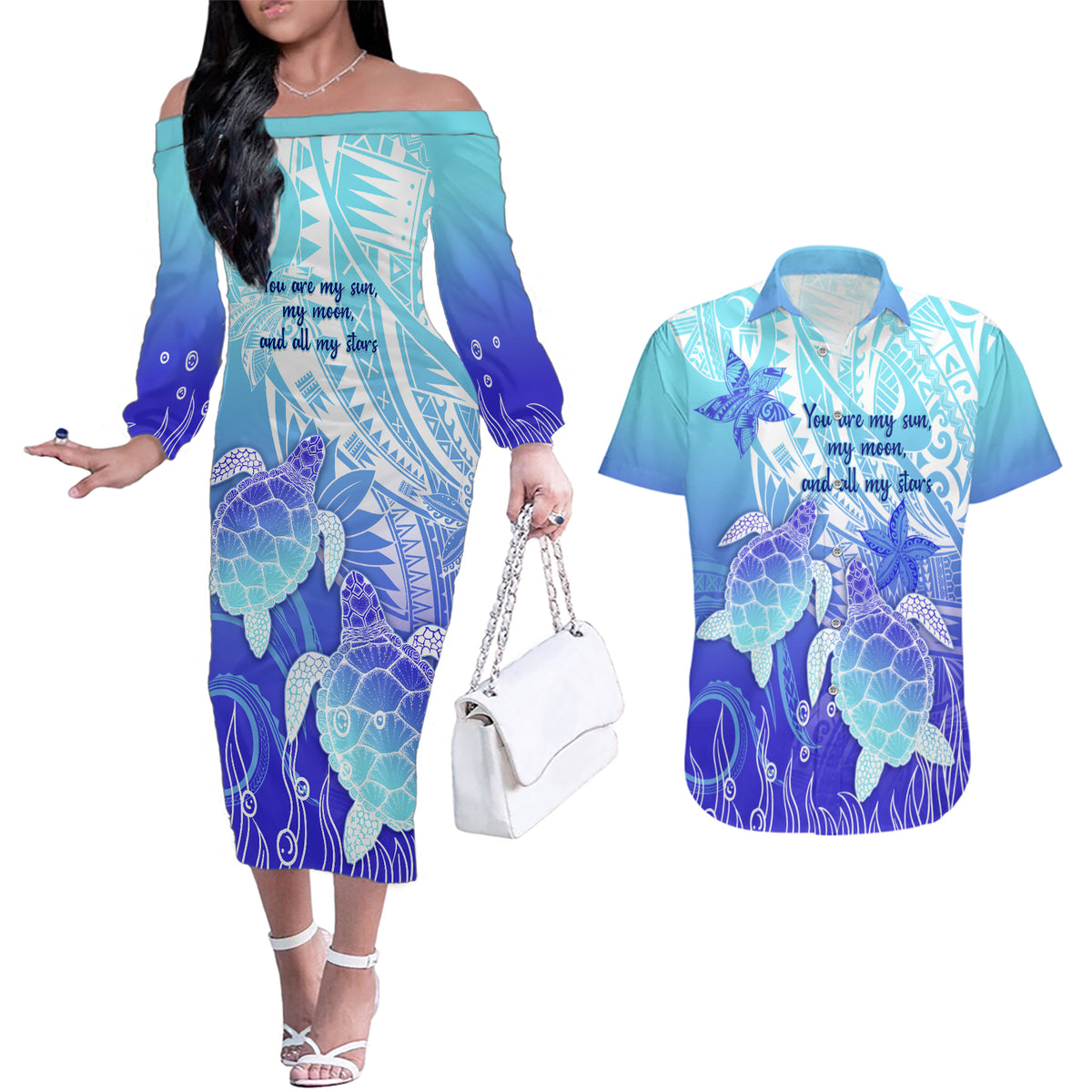 Polynesia Valentine Day Couples Matching Off The Shoulder Long Sleeve Dress and Hawaiian Shirt Polynesian Sea Turtle Turquoise Version LT14 Turquoise - Polynesian Pride