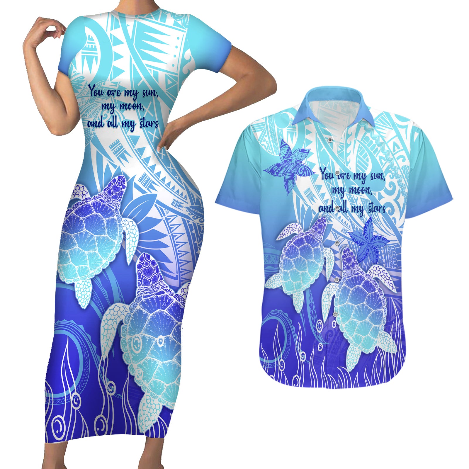 Polynesia Valentine Day Couples Matching Short Sleeve Bodycon Dress and Hawaiian Shirt Polynesian Sea Turtle Turquoise Version LT14 Turquoise - Polynesian Pride