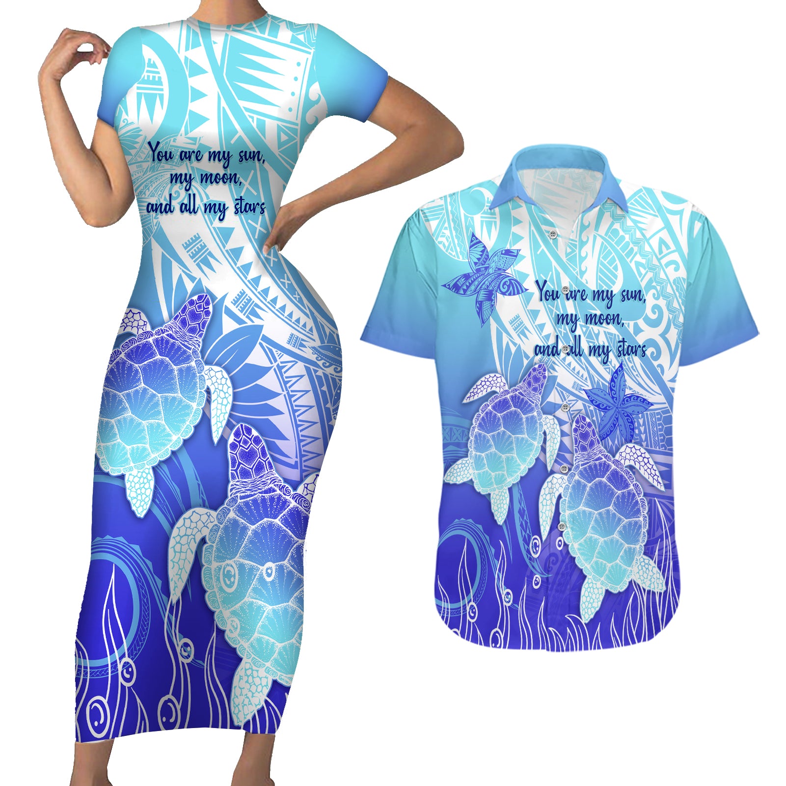 Polynesia Valentine Day Couples Matching Short Sleeve Bodycon Dress and Hawaiian Shirt Polynesian Sea Turtle Turquoise Version LT14 Turquoise - Polynesian Pride