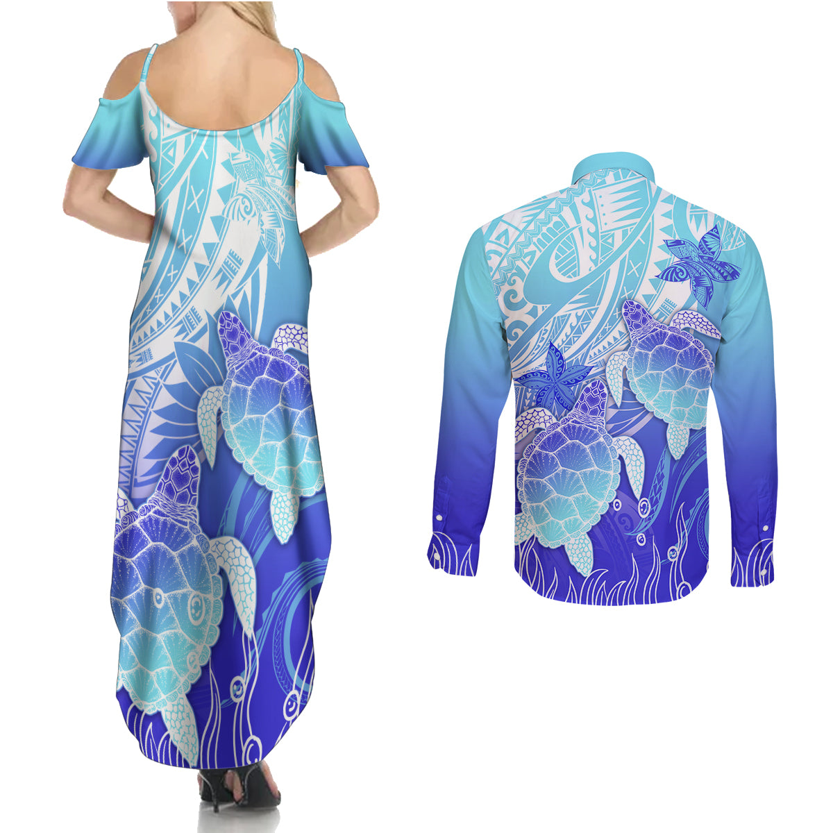 Polynesia Valentine Day Couples Matching Summer Maxi Dress and Long Sleeve Button Shirt Polynesian Sea Turtle Turquoise Version LT14 - Polynesian Pride