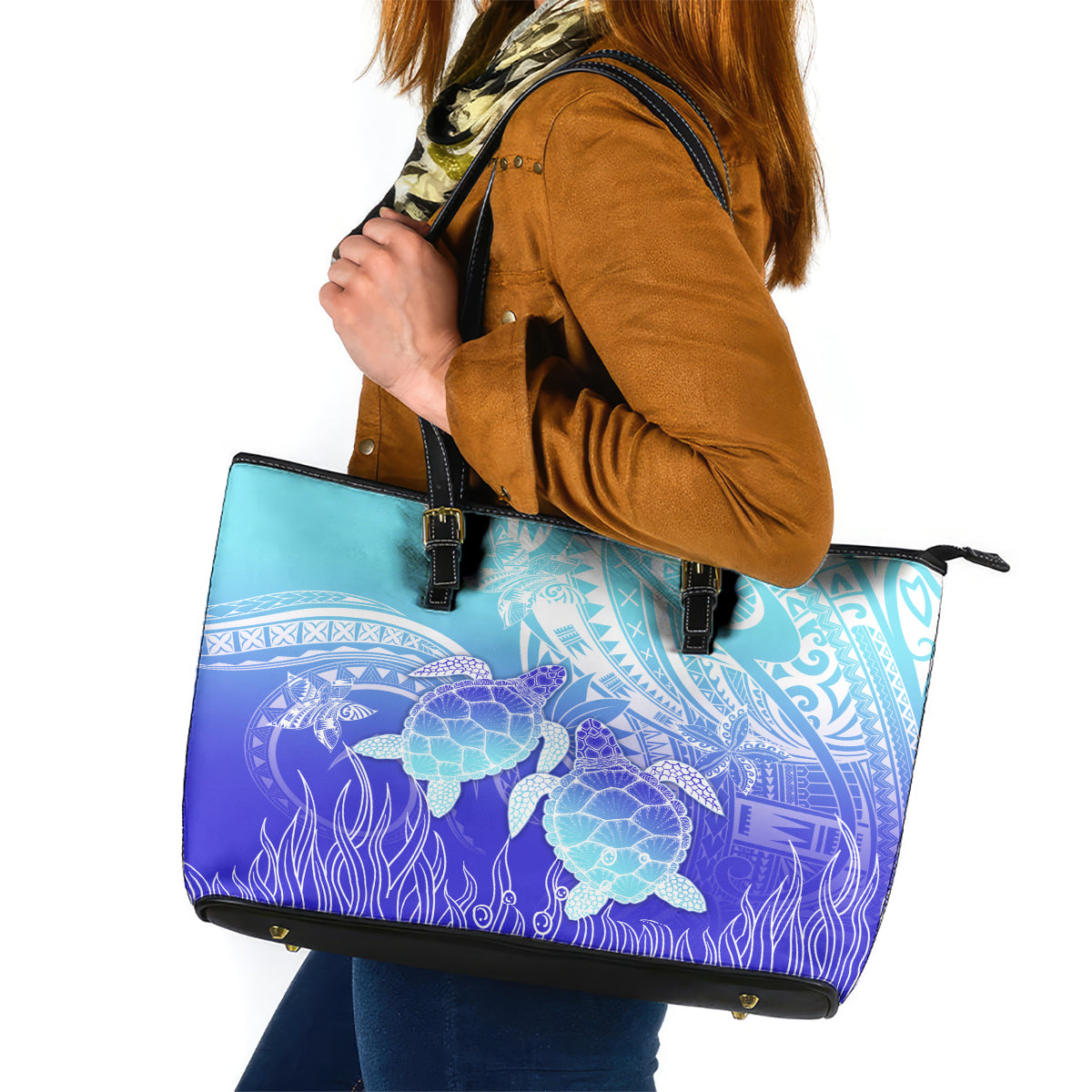 Polynesia Valentine Day Leather Tote Bag Polynesian Sea Turtle Turquoise Version LT14 Turquoise - Polynesian Pride