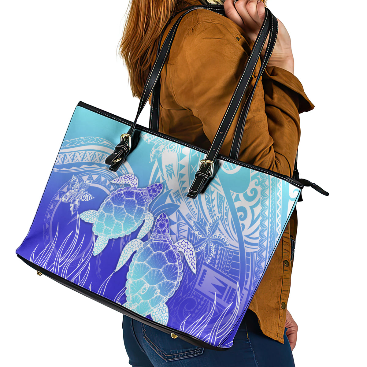 Polynesia Valentine Day Leather Tote Bag Polynesian Sea Turtle Turquoise Version LT14 - Polynesian Pride