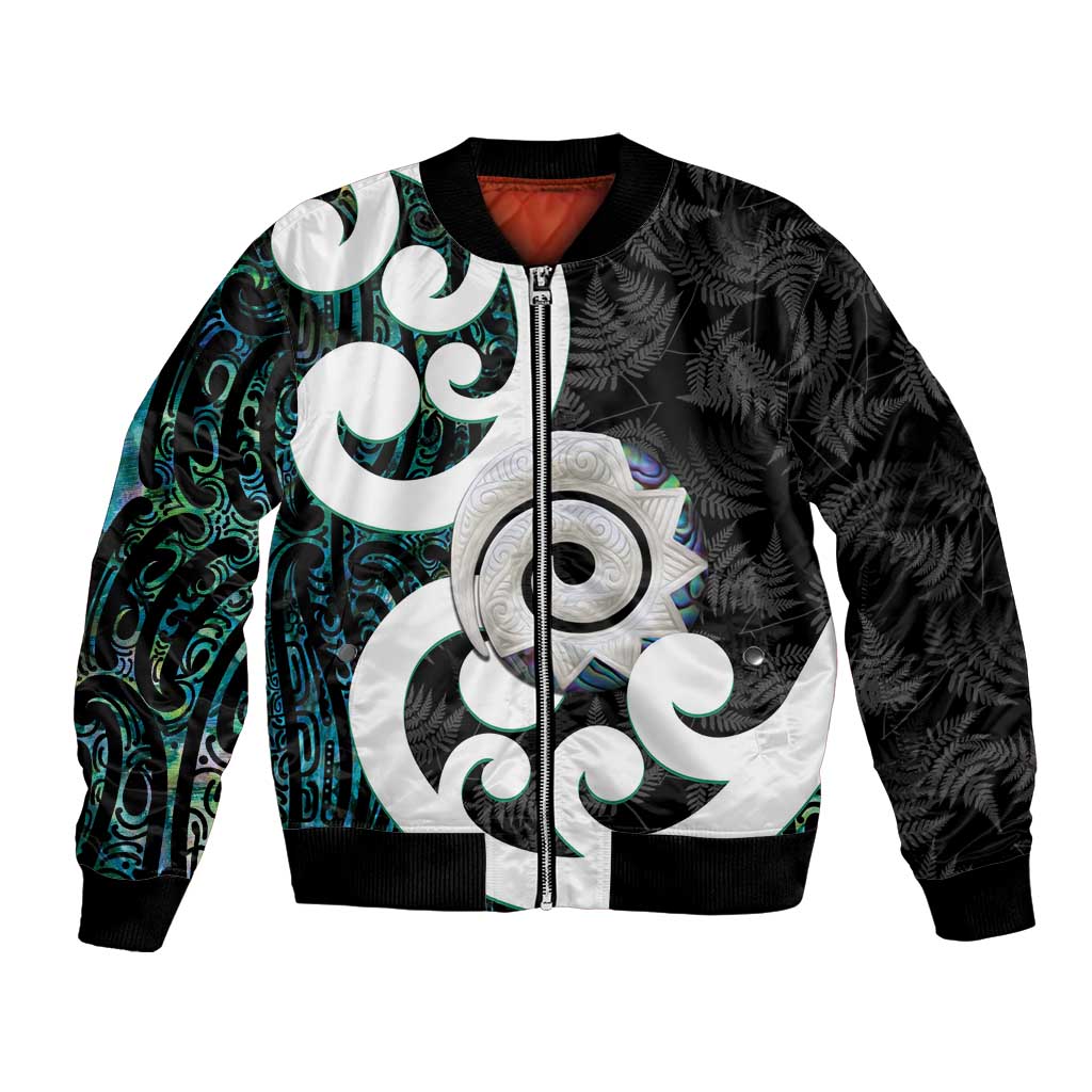 Aotearoa Koru Bomber Jacket Cyan Maori Paua Shell Mix Silver Fern