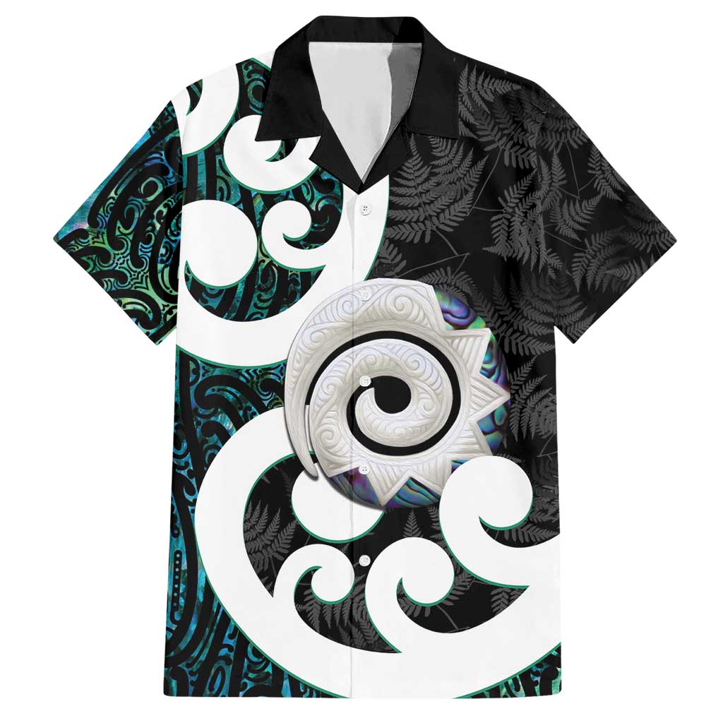 Aotearoa Koru Hawaiian Shirt Cyan Maori Paua Shell Mix Silver Fern