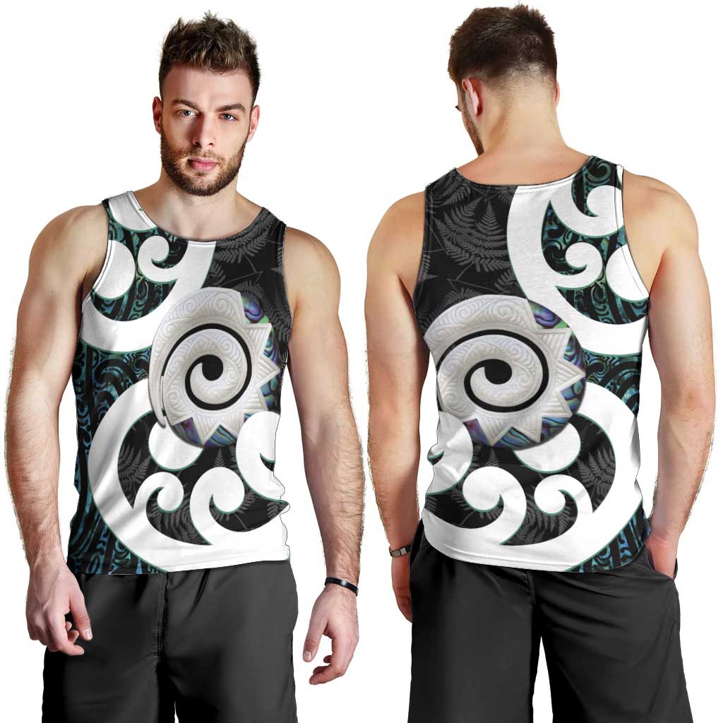 Aotearoa Koru Men Tank Top Cyan Maori Paua Shell Mix Silver Fern