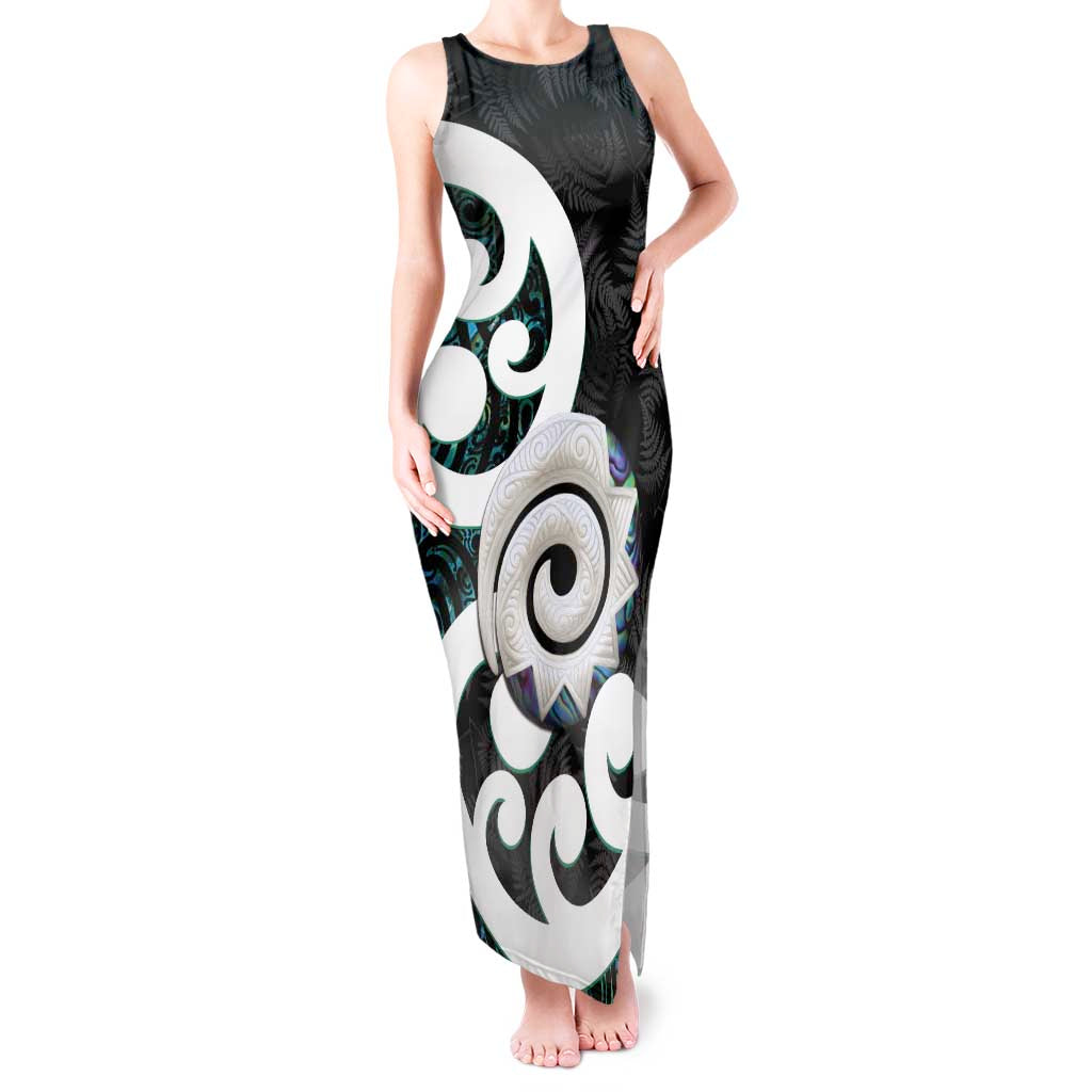 Aotearoa Koru Tank Maxi Dress Cyan Maori Paua Shell Mix Silver Fern