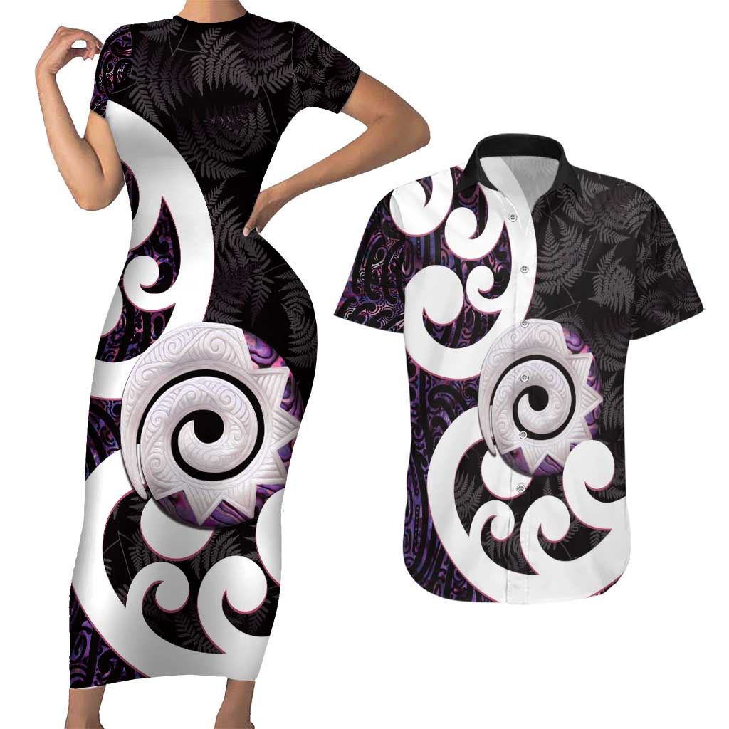 Aotearoa Koru Couples Matching Short Sleeve Bodycon Dress and Hawaiian Shirt Purple Maori Paua Shell Mix Silver Fern