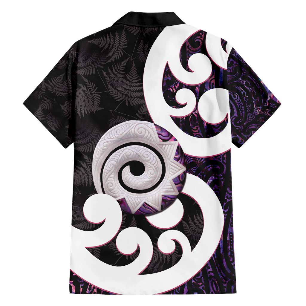 Aotearoa Koru Hawaiian Shirt Purple Maori Paua Shell Mix Silver Fern