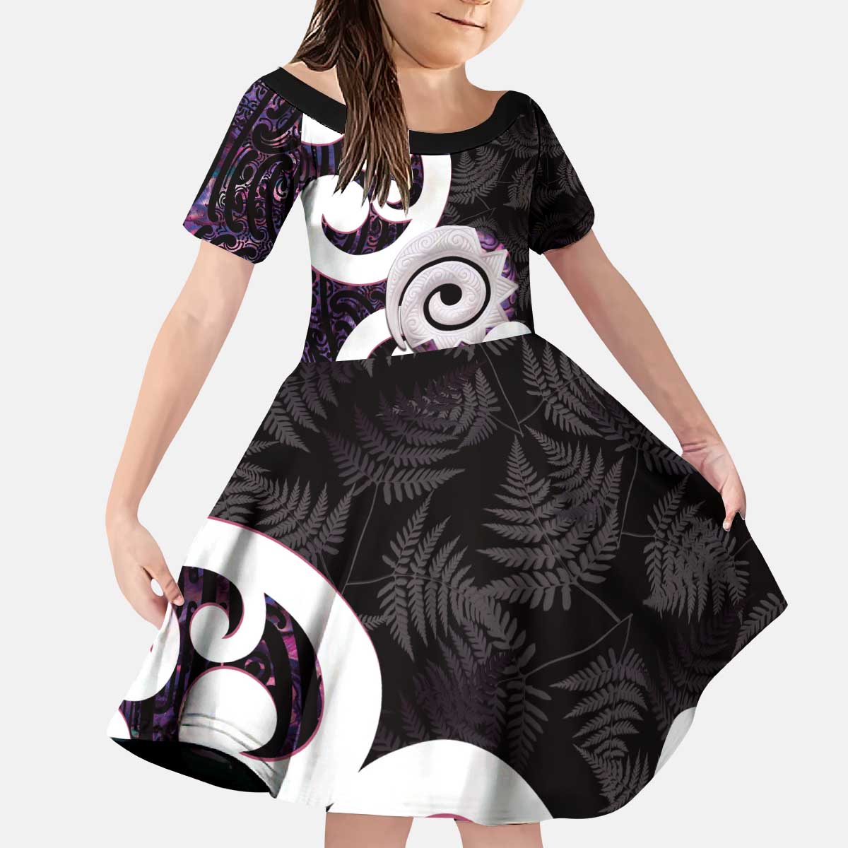 Aotearoa Koru Kid Short Sleeve Dress Purple Maori Paua Shell Mix Silver Fern