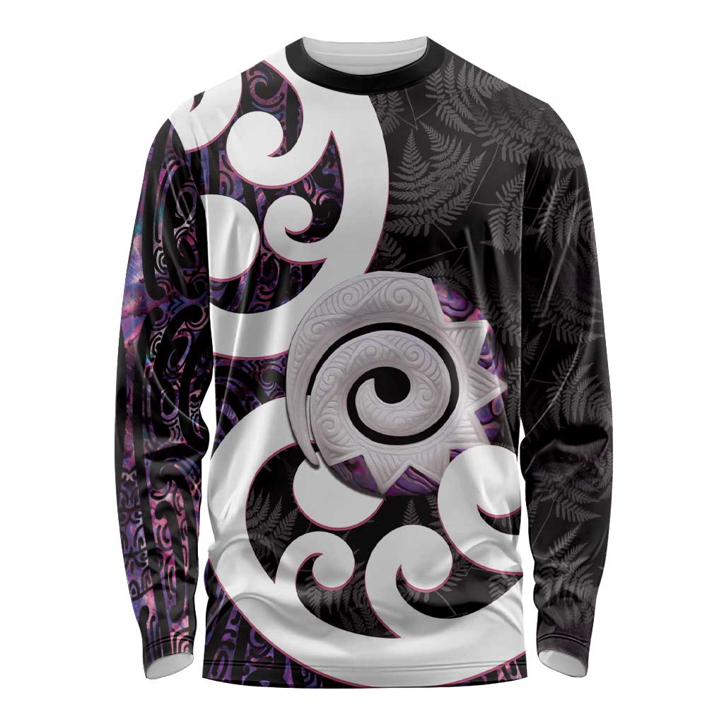 Aotearoa Koru Long Sleeve Shirt Purple Maori Paua Shell Mix Silver Fern