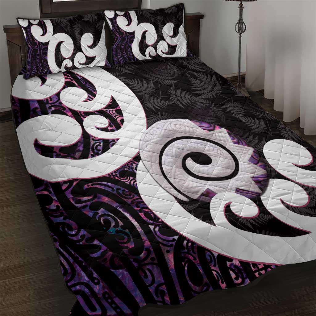 Aotearoa Koru Quilt Bed Set Purple Maori Paua Shell Mix Silver Fern