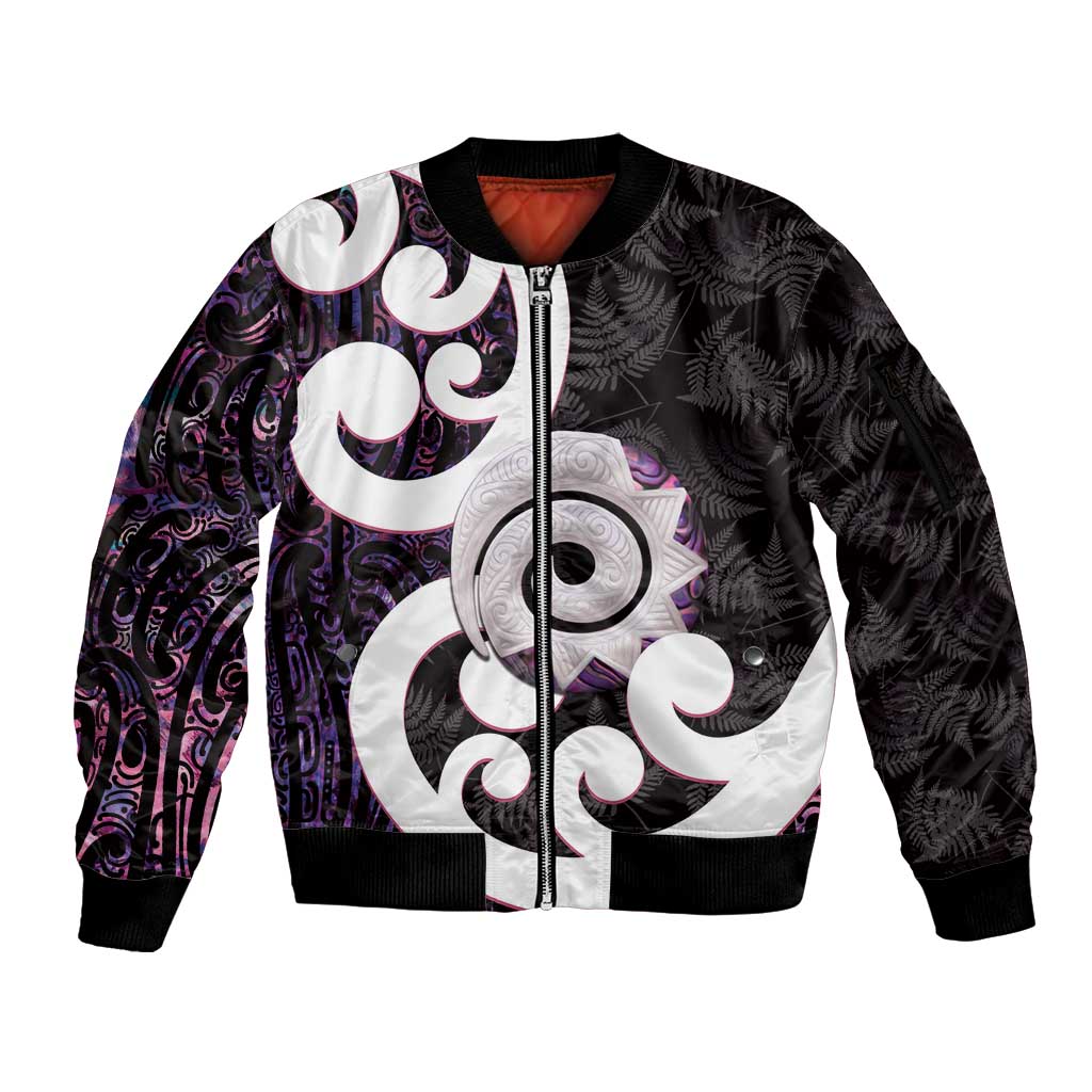 Aotearoa Koru Sleeve Zip Bomber Jacket Purple Maori Paua Shell Mix Silver Fern