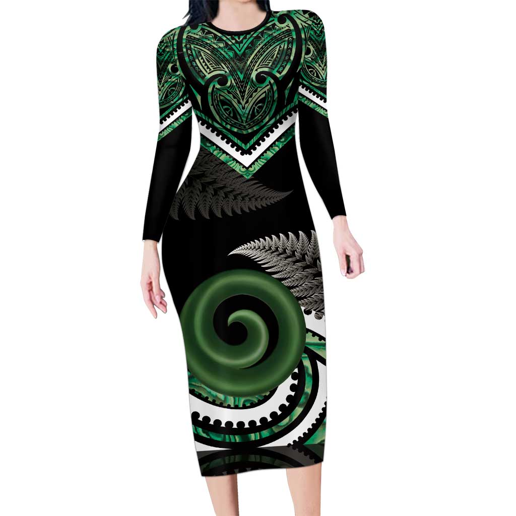 Koru Pounamu Aotearoa Long Sleeve Bodycon Dress Maori Paua Shell Mix Silver Fern LT14 Long Dress Black - Polynesian Pride