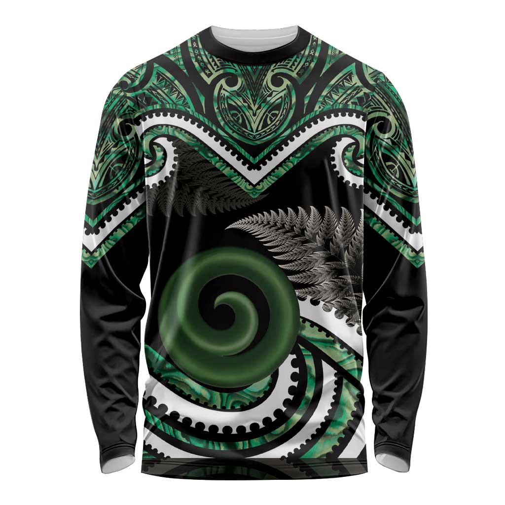 Koru Pounamu Aotearoa Long Sleeve Shirt Maori Paua Shell Mix Silver Fern