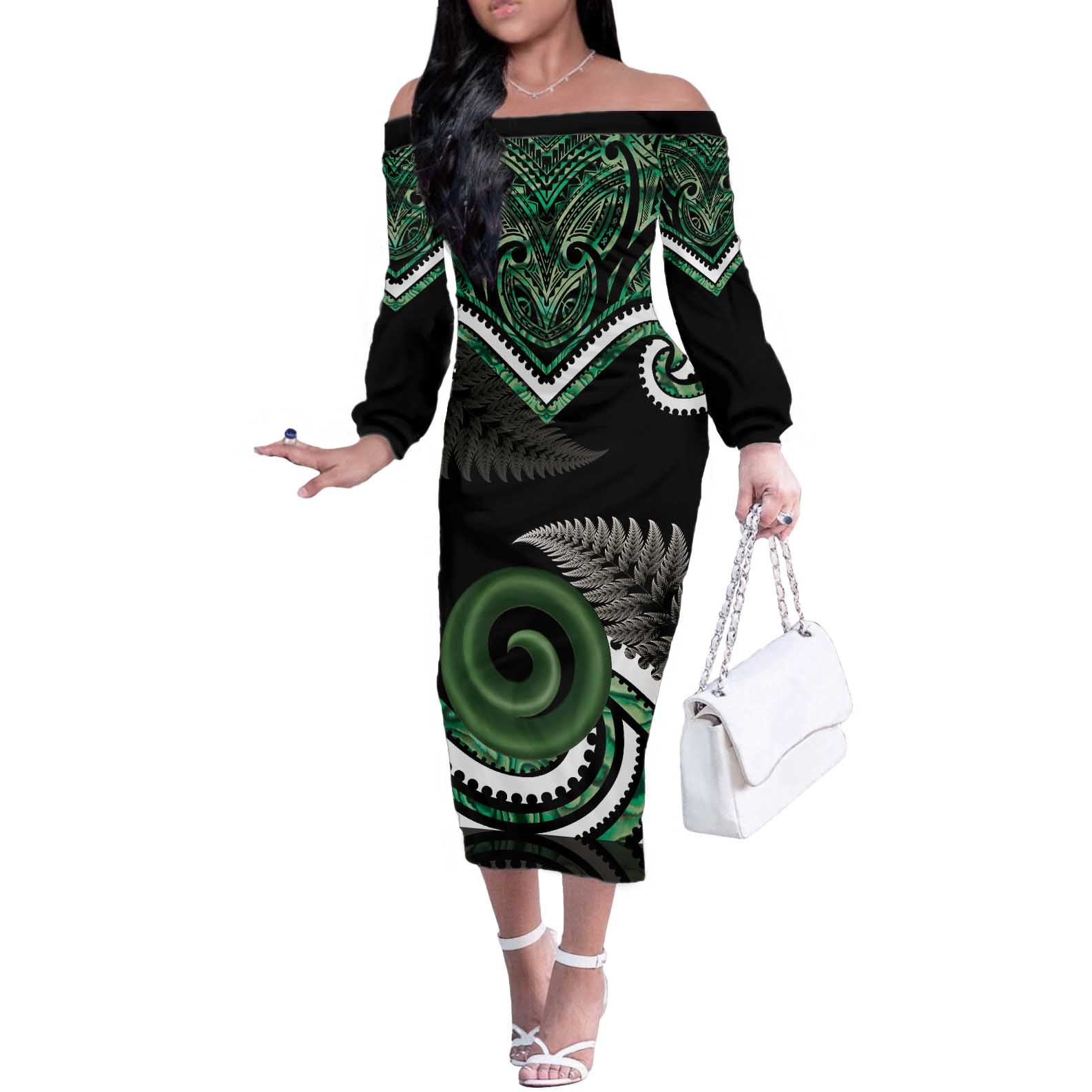 Koru Pounamu Aotearoa Off The Shoulder Long Sleeve Dress Maori Paua Shell Mix Silver Fern