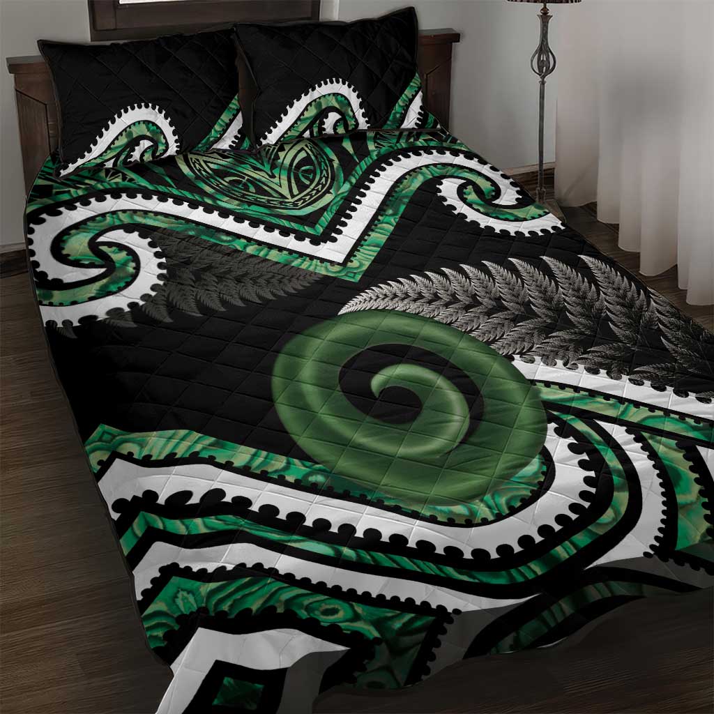 Koru Pounamu Aotearoa Quilt Bed Set Maori Paua Shell Mix Silver Fern