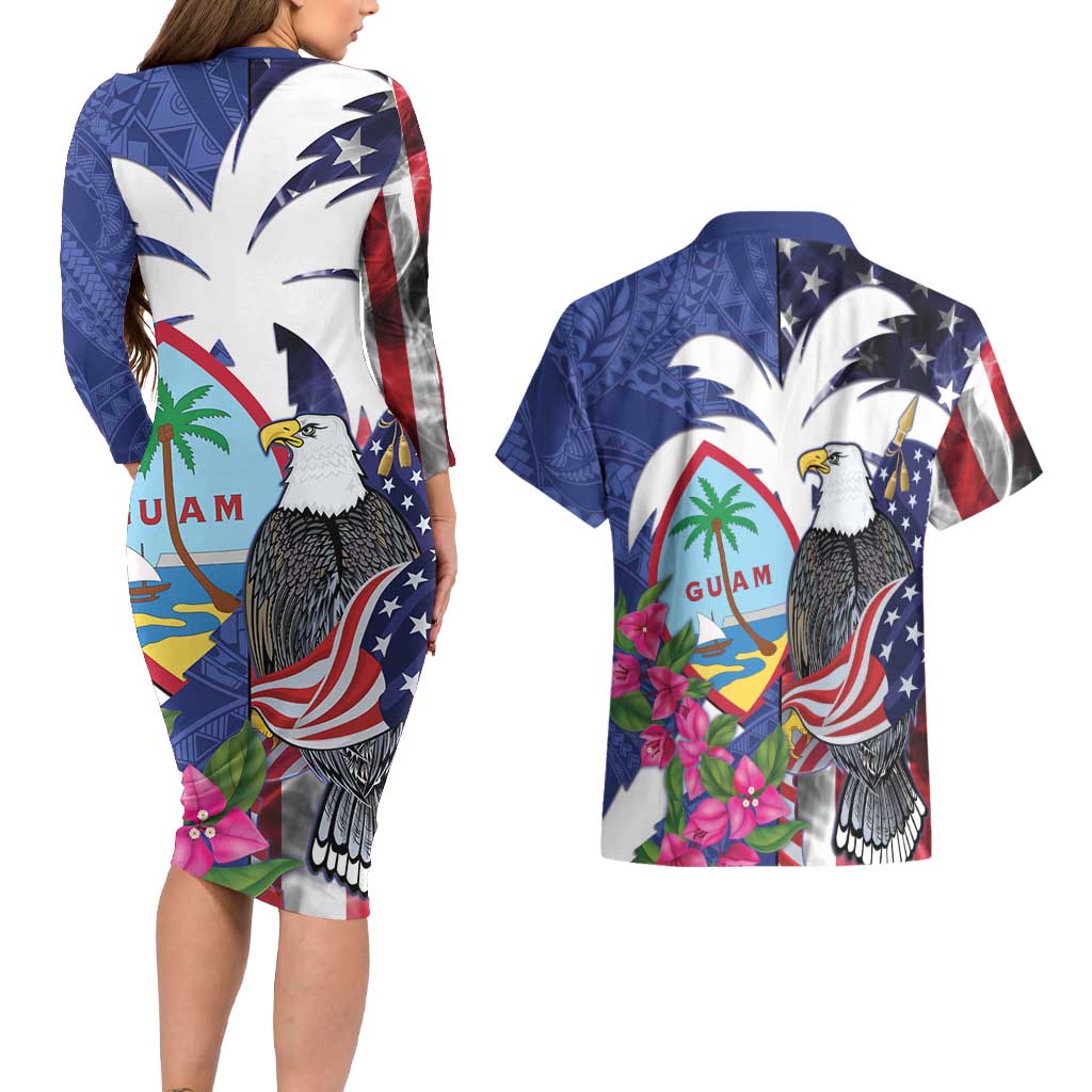 United States Guam Couples Matching Long Sleeve Bodycon Dress and Hawaiian Shirt USA Eagle Guahan Seal Bougainvillea LT14 - Polynesian Pride