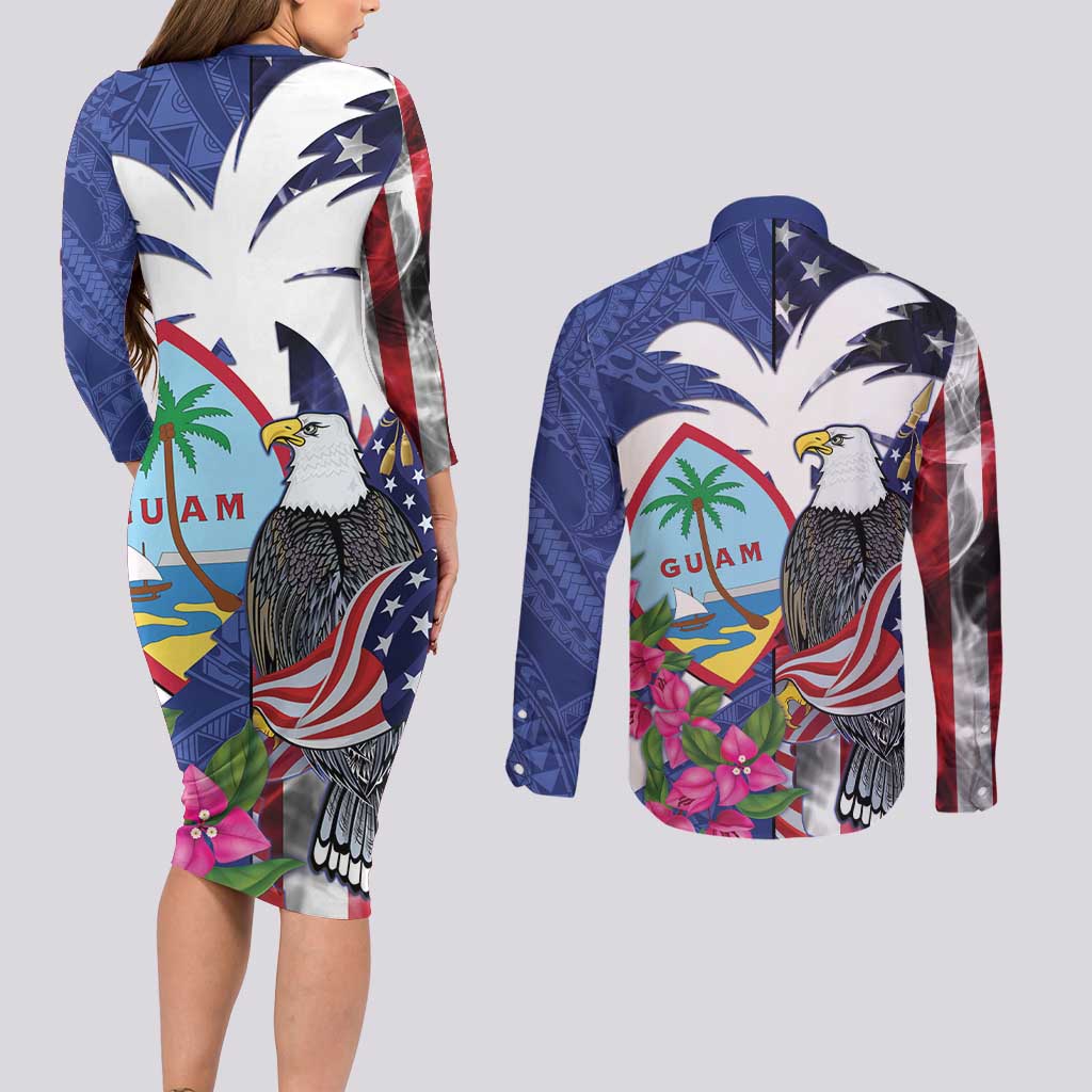 United States Guam Couples Matching Long Sleeve Bodycon Dress and Long Sleeve Button Shirt USA Eagle Guahan Seal Bougainvillea LT14 - Polynesian Pride