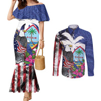United States Guam Couples Matching Mermaid Dress and Long Sleeve Button Shirt USA Eagle Guahan Seal Bougainvillea LT14 Blue - Polynesian Pride