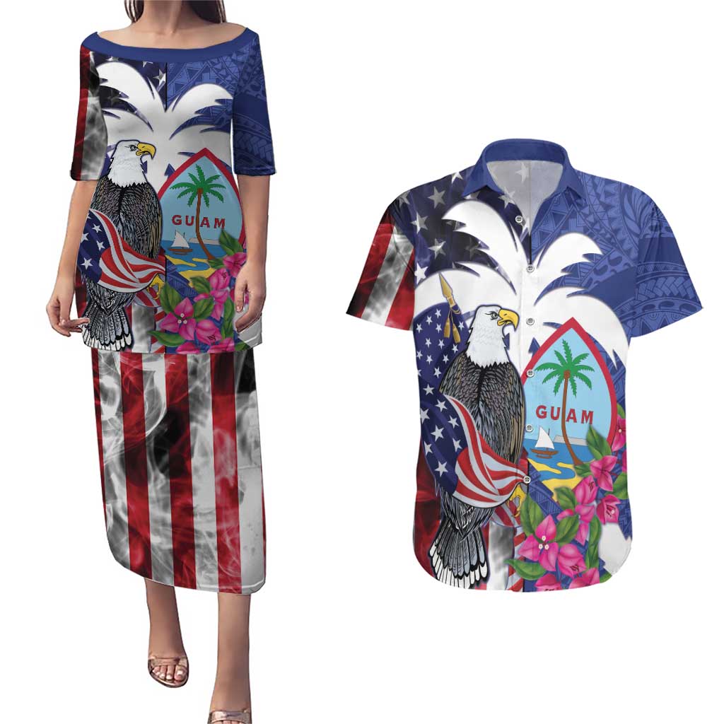 United States Guam Couples Matching Puletasi and Hawaiian Shirt USA Eagle Guahan Seal Bougainvillea - Polynesian Pride