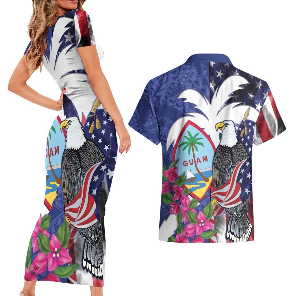 United States Guam Couples Matching Short Sleeve Bodycon Dress and Hawaiian Shirt USA Eagle Guahan Seal Bougainvillea LT14 - Polynesian Pride