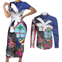 United States Guam Couples Matching Short Sleeve Bodycon Dress and Long Sleeve Button Shirt USA Eagle Guahan Seal Bougainvillea LT14 Blue - Polynesian Pride