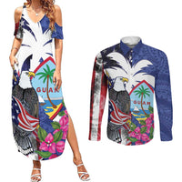 United States Guam Couples Matching Summer Maxi Dress and Long Sleeve Button Shirt USA Eagle Guahan Seal Bougainvillea LT14 Blue - Polynesian Pride