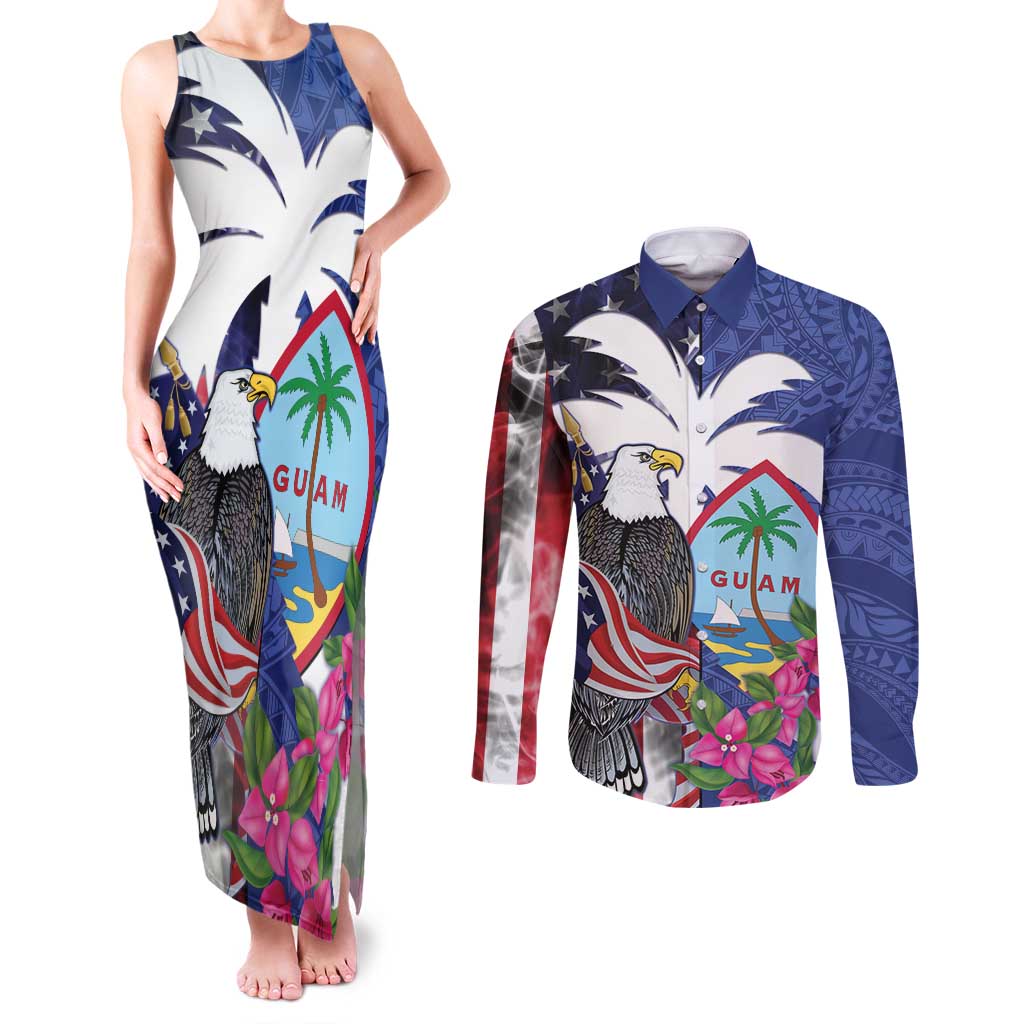 United States Guam Couples Matching Tank Maxi Dress and Long Sleeve Button Shirt USA Eagle Guahan Seal Bougainvillea LT14 Blue - Polynesian Pride