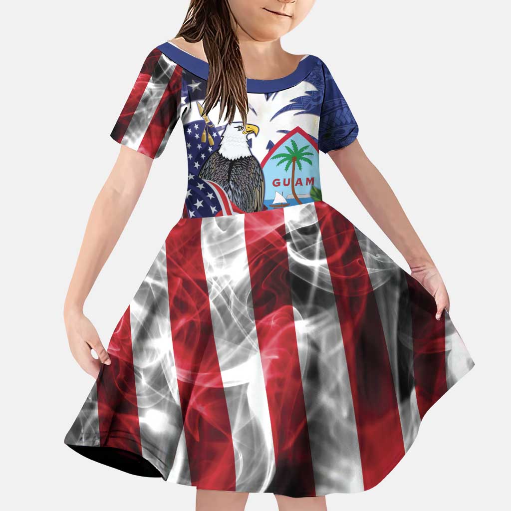 United States Guam Family Matching Mermaid Dress and Hawaiian Shirt USA Eagle Guahan Seal Bougainvillea LT14 Daughter's Dress Blue - Polynesian Pride