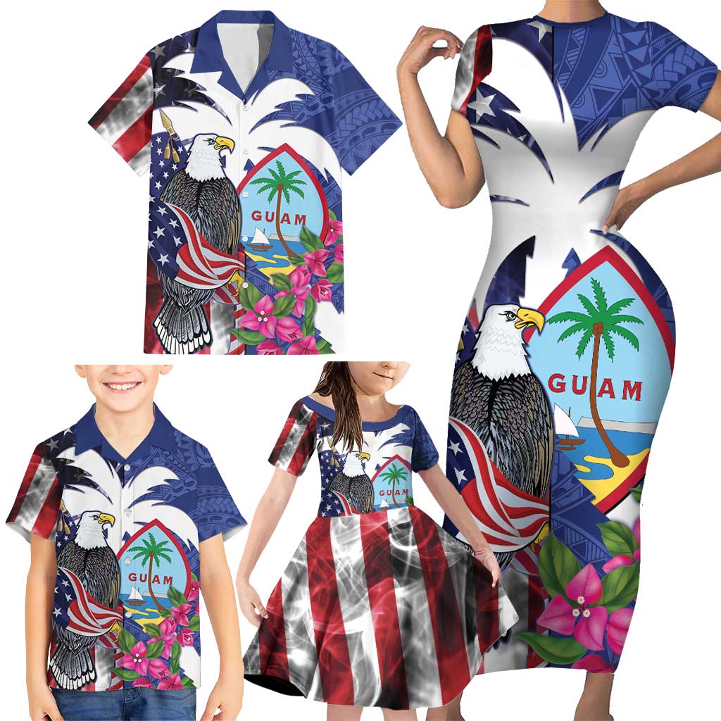 United States Guam Family Matching Short Sleeve Bodycon Dress and Hawaiian Shirt USA Eagle Guahan Seal Bougainvillea LT14 - Polynesian Pride