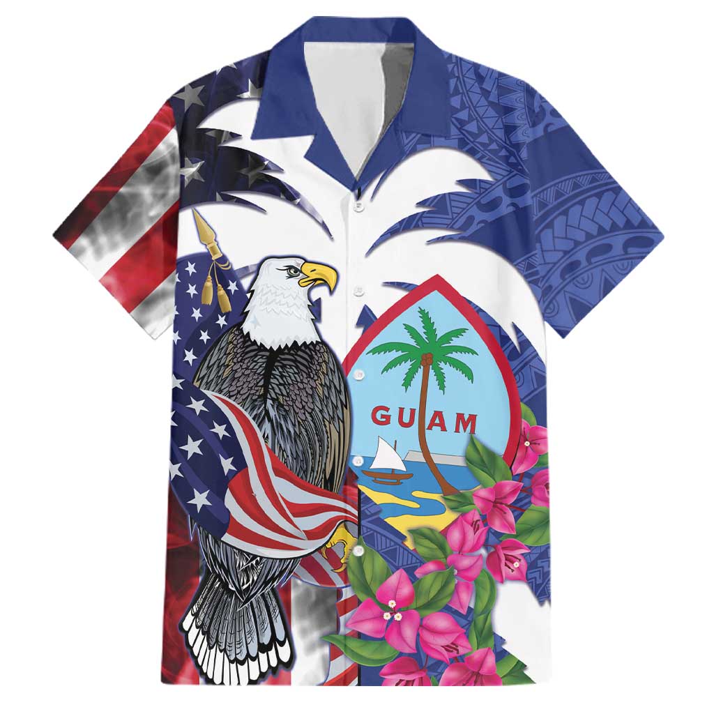 United States Guam Family Matching Summer Maxi Dress and Hawaiian Shirt USA Eagle Guahan Seal Bougainvillea LT14 Dad's Shirt - Short Sleeve Blue - Polynesian Pride