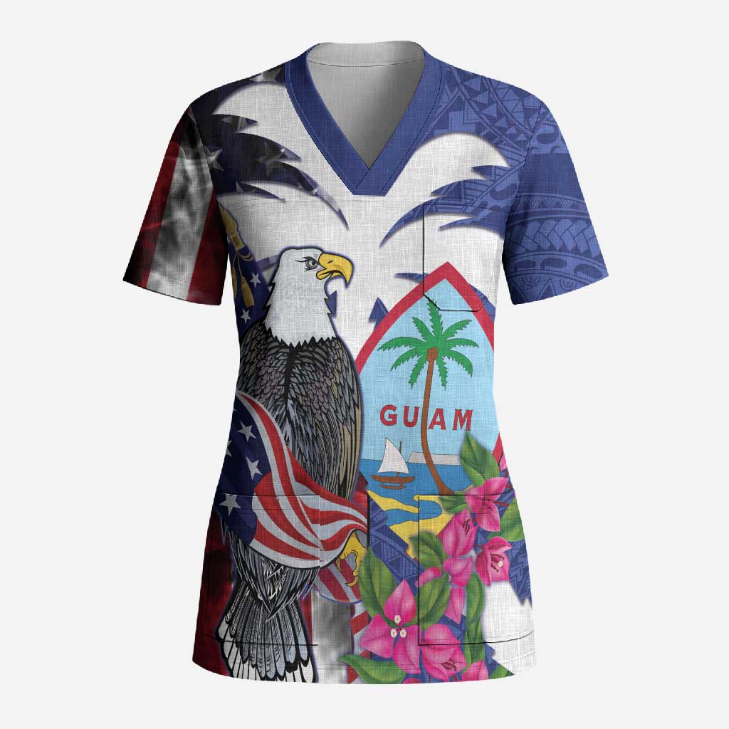 United States Guam Scrub Top USA Eagle Guahan Seal Bougainvillea - Polynesian Pride