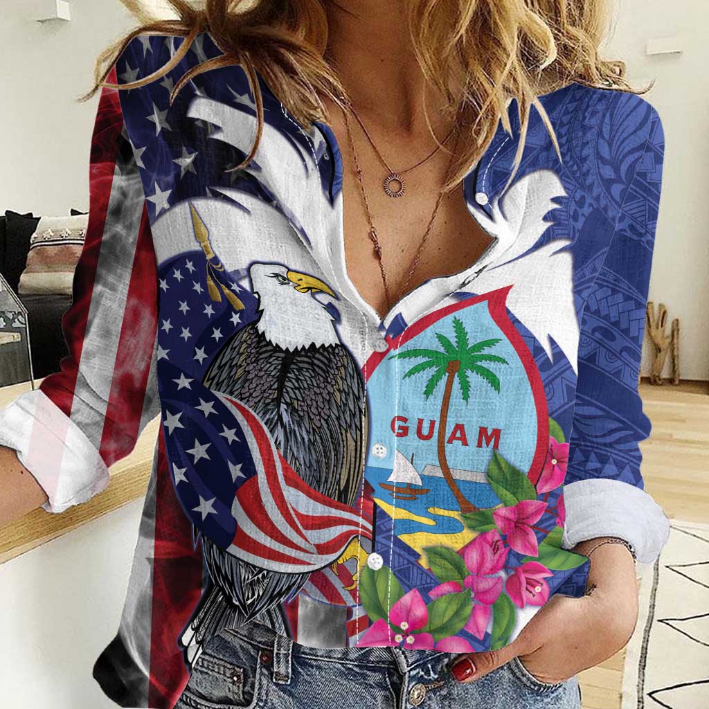 United States Guam Women Casual Shirt USA Eagle Guahan Seal Bougainvillea LT14 Female Blue - Polynesian Pride