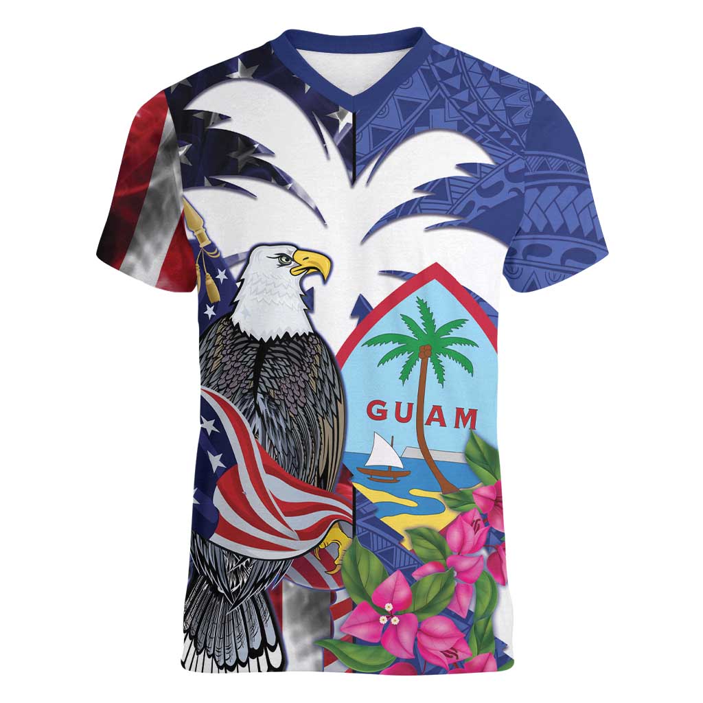 United States Guam Women V-Neck T-Shirt USA Eagle Guahan Seal Bougainvillea LT14 Female Blue - Polynesian Pride