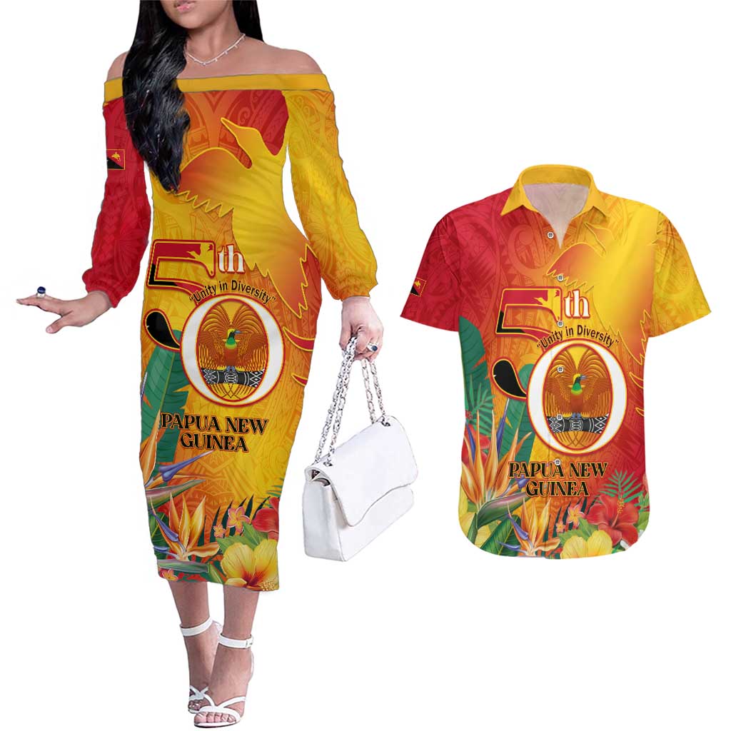 Papua New Guinea Independence Day Couples Matching Off The Shoulder Long Sleeve Dress and Hawaiian Shirt 50th Anniversary Unity in Diversity