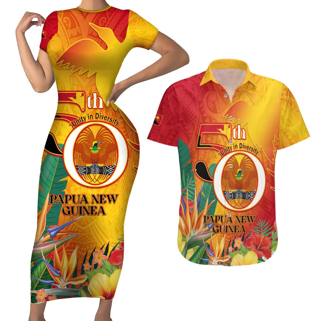 Papua New Guinea Independence Day Couples Matching Short Sleeve Bodycon Dress and Hawaiian Shirt 50th Anniversary Unity in Diversity