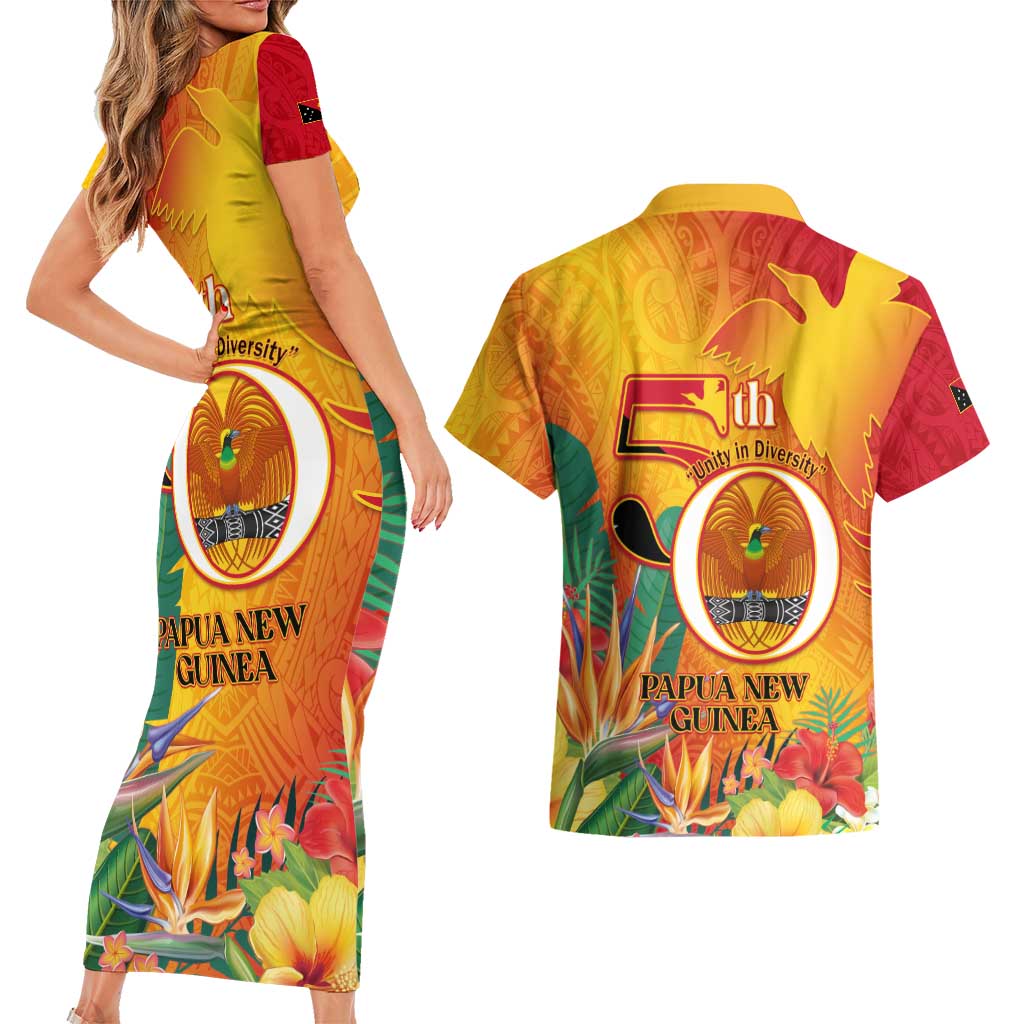 Papua New Guinea Independence Day Couples Matching Short Sleeve Bodycon Dress and Hawaiian Shirt 50th Anniversary Unity in Diversity