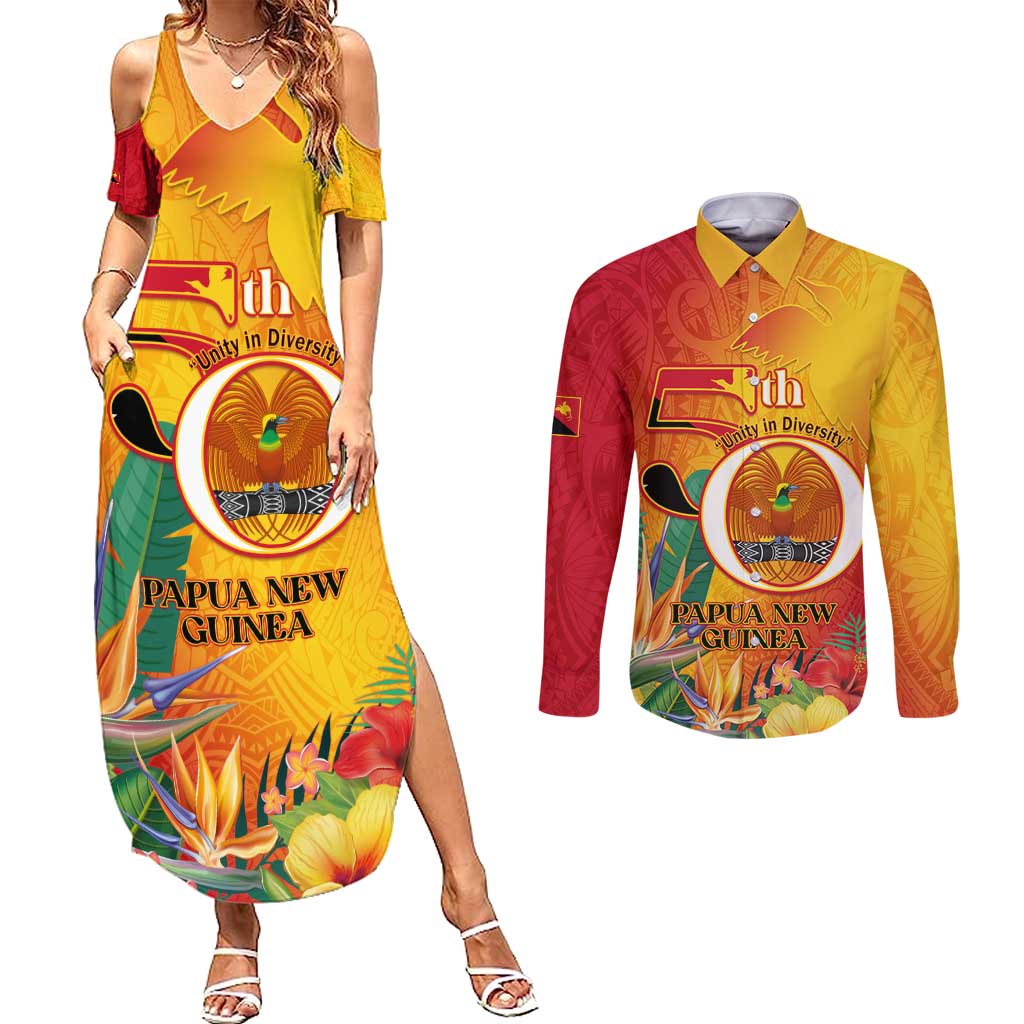 Papua New Guinea Independence Day Couples Matching Summer Maxi Dress and Long Sleeve Button Shirt 50th Anniversary Unity in Diversity
