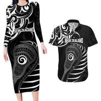 Personalised New Zealand Silver Fern Lacrosse Couples Matching Long Sleeve Bodycon Dress and Hawaiian Shirt Aotearoa Maori Pattern