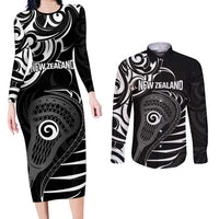 Personalised New Zealand Silver Fern Lacrosse Couples Matching Long Sleeve Bodycon Dress and Long Sleeve Button Shirt Aotearoa Maori Pattern LT14 Black - Polynesian Pride