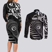 Personalised New Zealand Silver Fern Lacrosse Couples Matching Long Sleeve Bodycon Dress and Long Sleeve Button Shirt Aotearoa Maori Pattern LT14 - Polynesian Pride