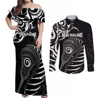 Personalised New Zealand Silver Fern Lacrosse Couples Matching Off Shoulder Maxi Dress and Long Sleeve Button Shirt Aotearoa Maori Pattern