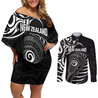 Personalised New Zealand Silver Fern Lacrosse Couples Matching Off Shoulder Short Dress and Long Sleeve Button Shirt Aotearoa Maori Pattern