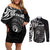 Personalised New Zealand Silver Fern Lacrosse Couples Matching Off Shoulder Short Dress and Long Sleeve Button Shirt Aotearoa Maori Pattern