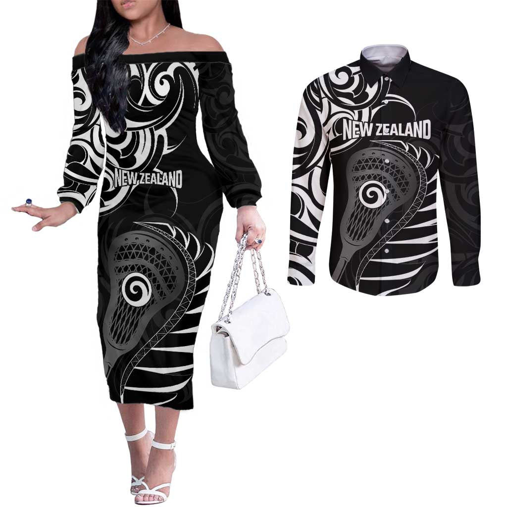 Personalised New Zealand Silver Fern Lacrosse Couples Matching Off The Shoulder Long Sleeve Dress and Long Sleeve Button Shirt Aotearoa Maori Pattern LT14 Black - Polynesian Pride