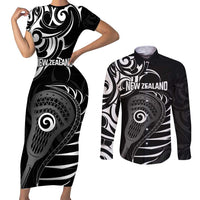 Personalised New Zealand Silver Fern Lacrosse Couples Matching Short Sleeve Bodycon Dress and Long Sleeve Button Shirt Aotearoa Maori Pattern LT14 Black - Polynesian Pride