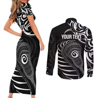 Personalised New Zealand Silver Fern Lacrosse Couples Matching Short Sleeve Bodycon Dress and Long Sleeve Button Shirt Aotearoa Maori Pattern LT14 - Polynesian Pride