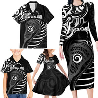 Personalised New Zealand Silver Fern Lacrosse Family Matching Long Sleeve Bodycon Dress and Hawaiian Shirt Aotearoa Maori Pattern LT14 - Polynesian Pride