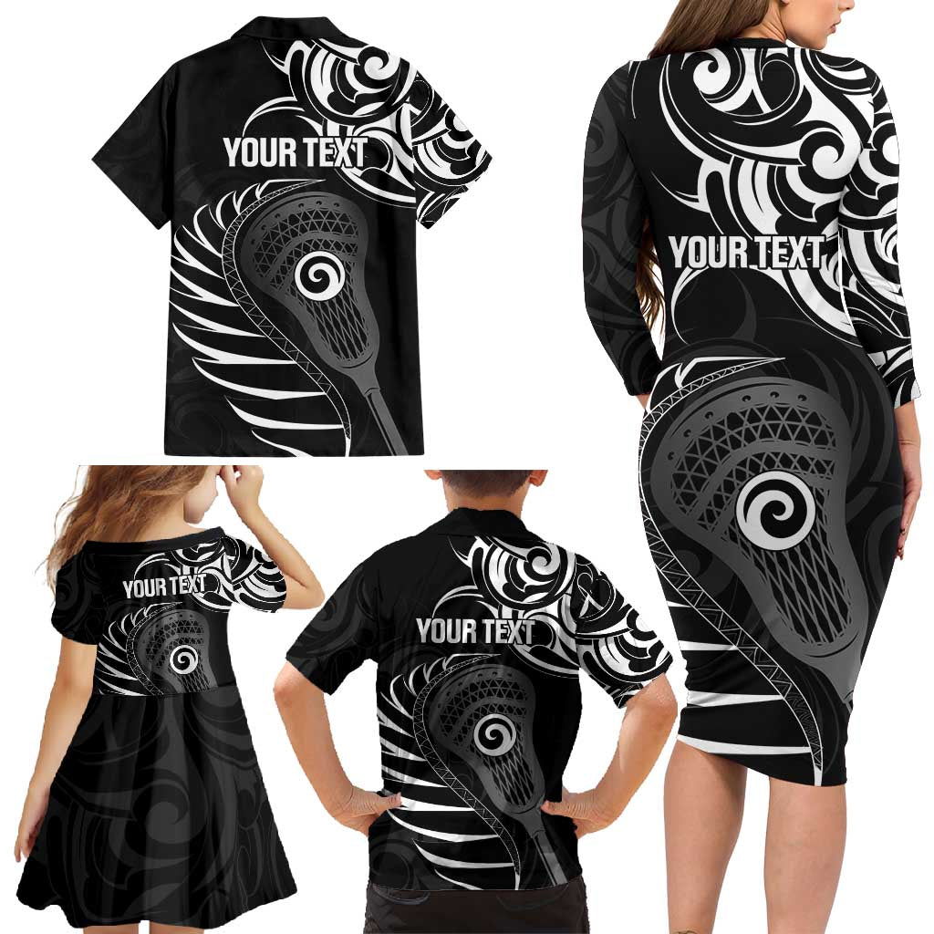 Personalised New Zealand Silver Fern Lacrosse Family Matching Long Sleeve Bodycon Dress and Hawaiian Shirt Aotearoa Maori Pattern LT14 - Polynesian Pride
